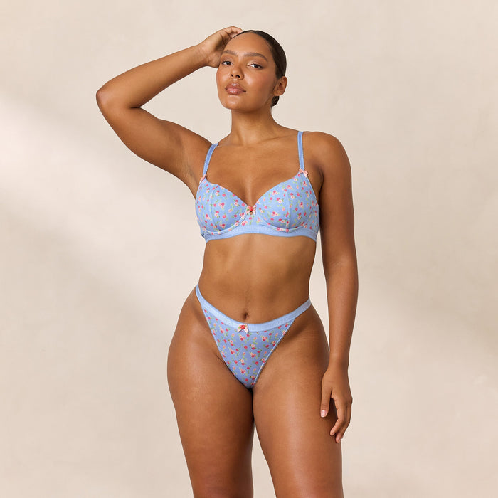Rosebud Ribbed Balcony Bra - Blue Floral