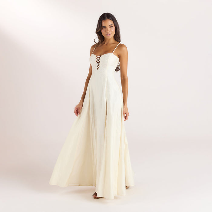 Embroidered Lace-Up Maxi Dress - Buttercream