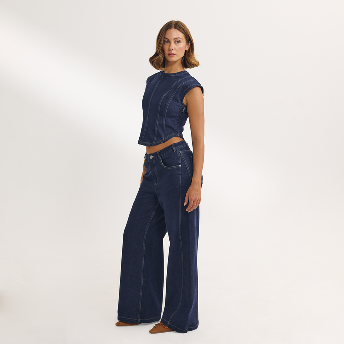 Dipped-Waist Wide-Leg Jeans - Indigo Blue