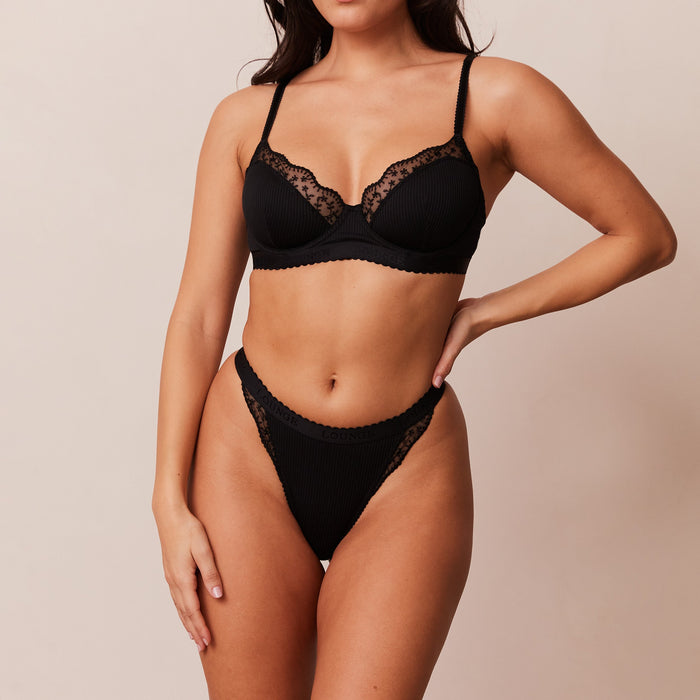 Ribbed Balcony Bra - Black