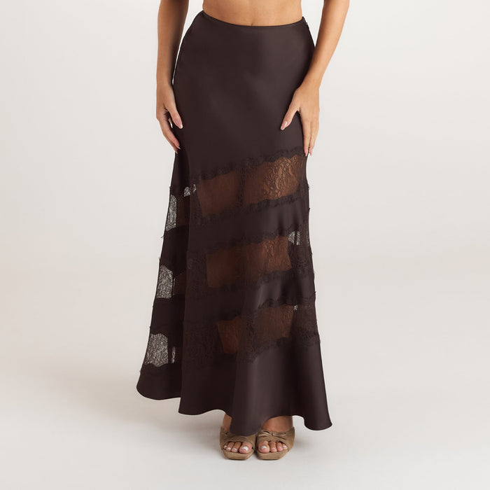 Lace Trim Maxi Skirt - Chocolate