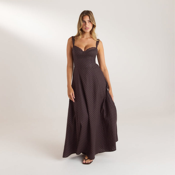 Lace Trim Maxi Dress - Chocolate Polka Dot