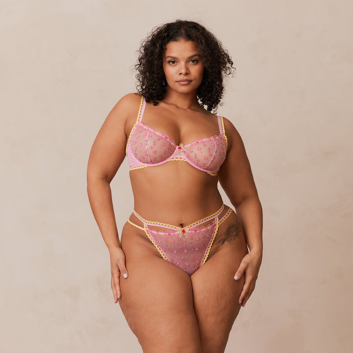 Daisy Embroidered Balcony Bra - Pink