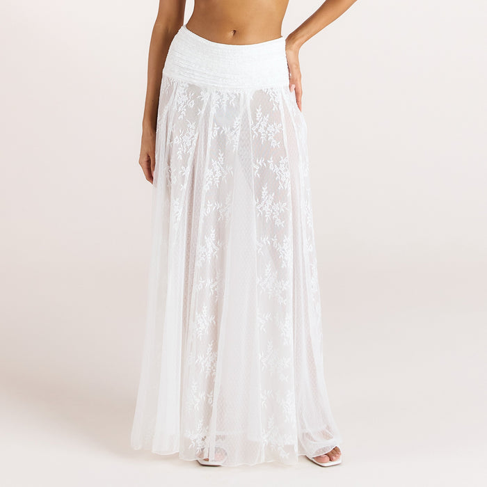Sheer Lace Maxi Skirt - White