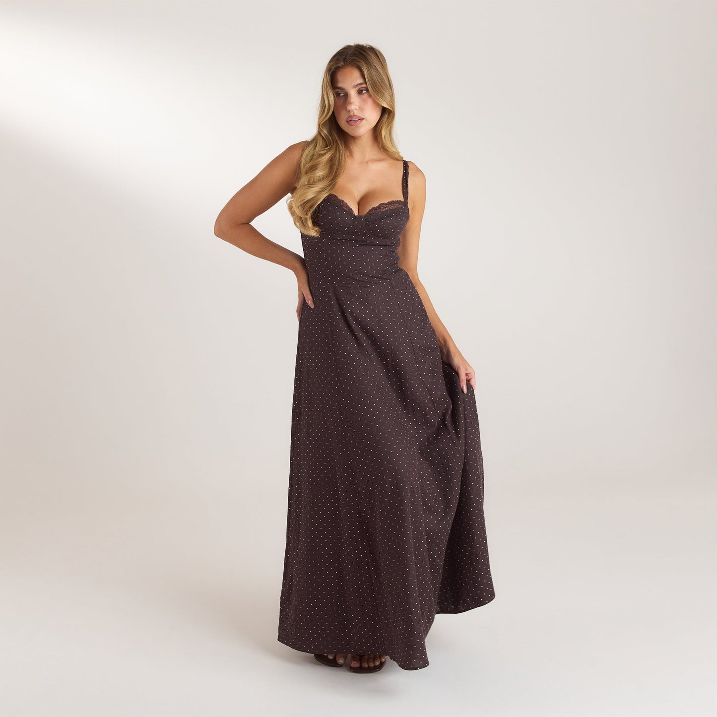 Lace Trim Maxi Dress - Chocolate Polka Dot