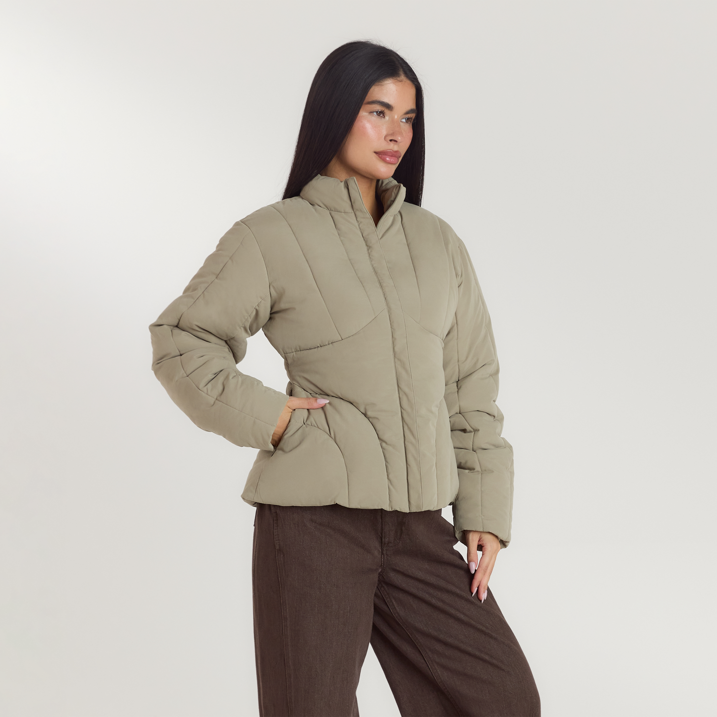 Cinched Puffer Coat - Thyme