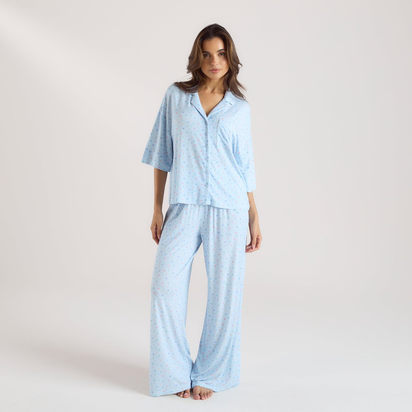 Modal Short Sleeve Pajama Shirt - Blue Floral