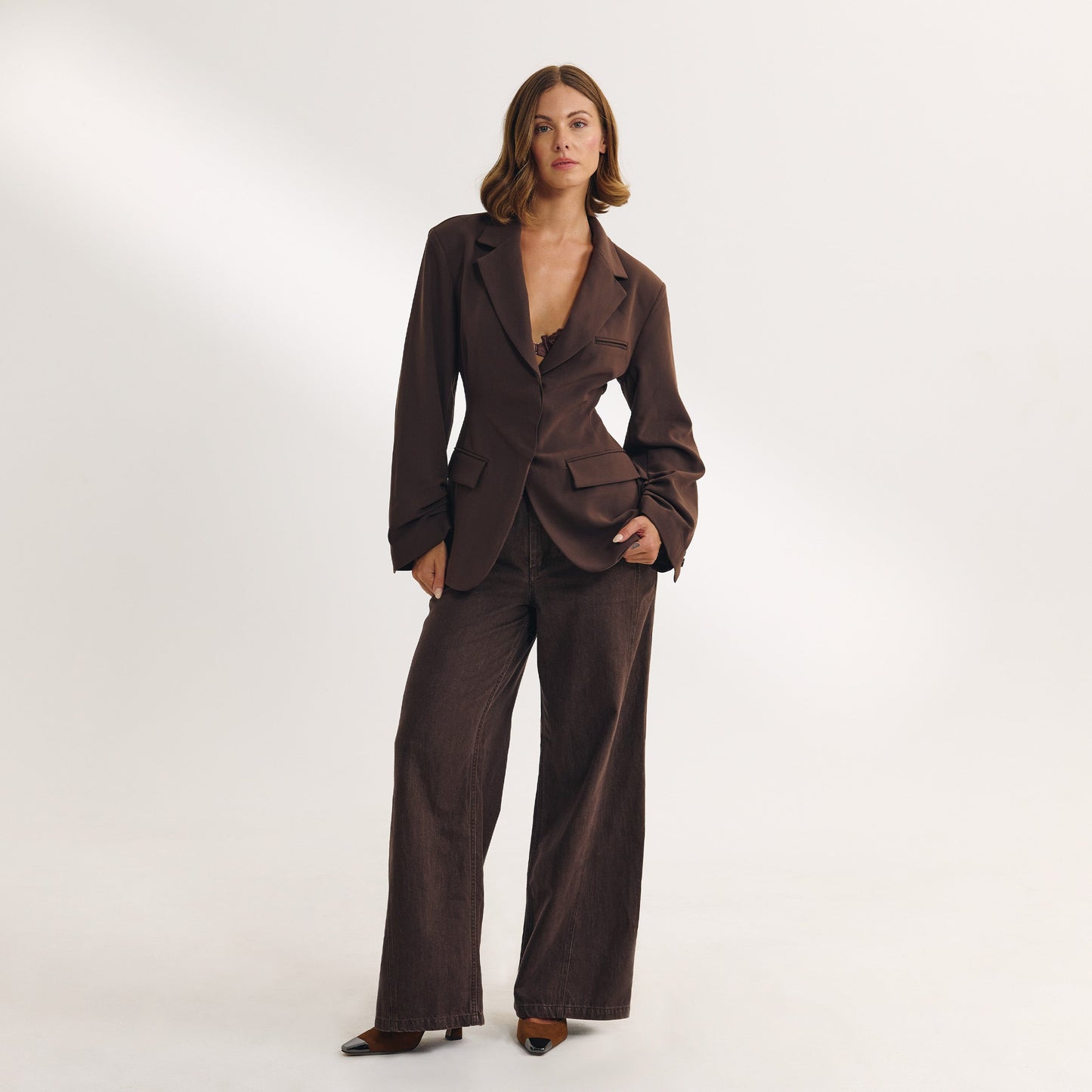 Draped Sleeve Blazer - Chocolate