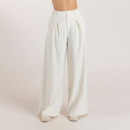 Wide-Leg Pleat Detail Pants - Off White