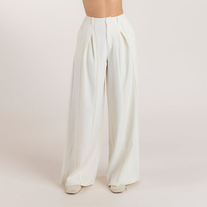 Wide-Leg Pleat Detail Pants - Off White