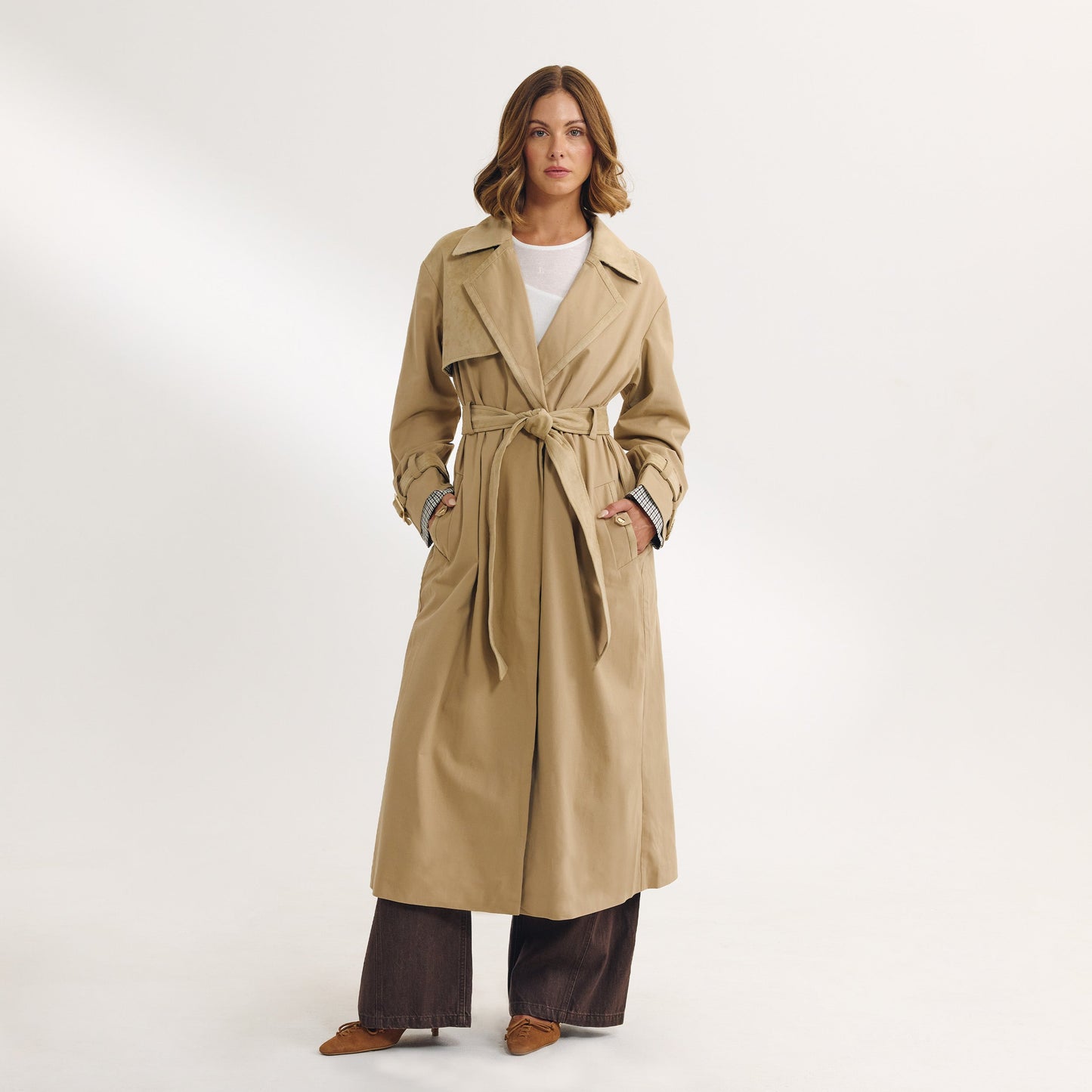 Suedette Trim Trench Coat - Sand