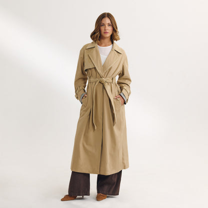 Suedette Trim Trench Coat - Sand