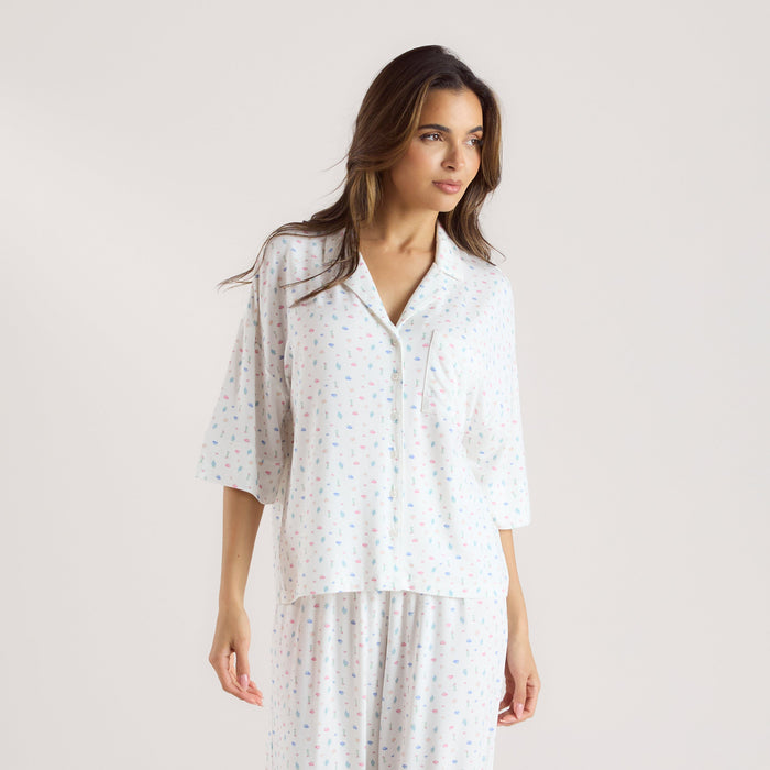 Modal Short Sleeve Pajama Shirt - White Floral