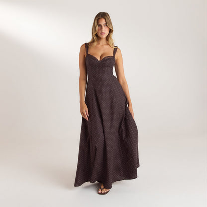 Lace Trim Maxi Dress - Chocolate Polka Dot