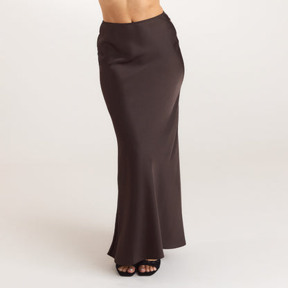 Satin Fitted Maxi Skirt - Chocolate