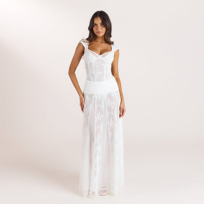 Sheer Lace Maxi Skirt - White