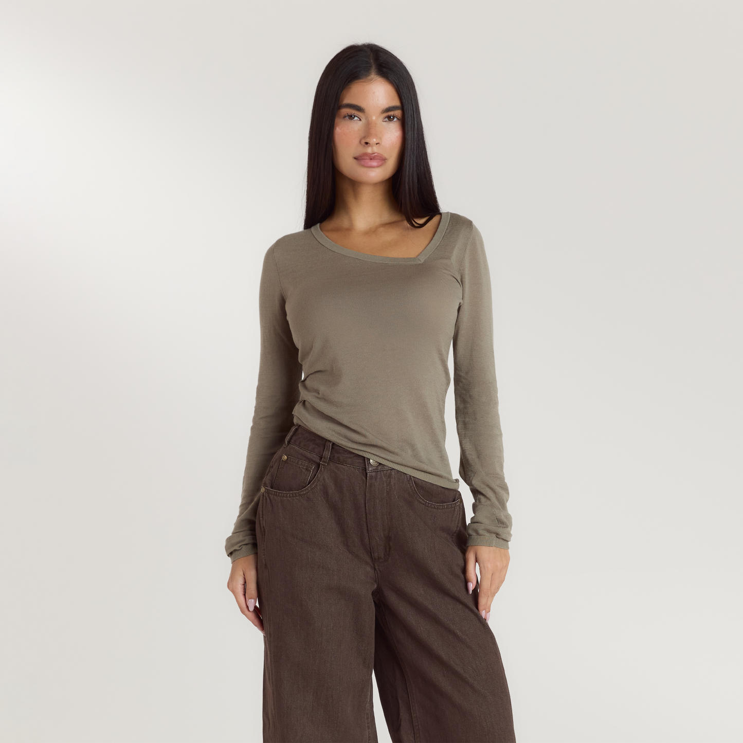 Asymmetric Fine Knit Top - Thyme