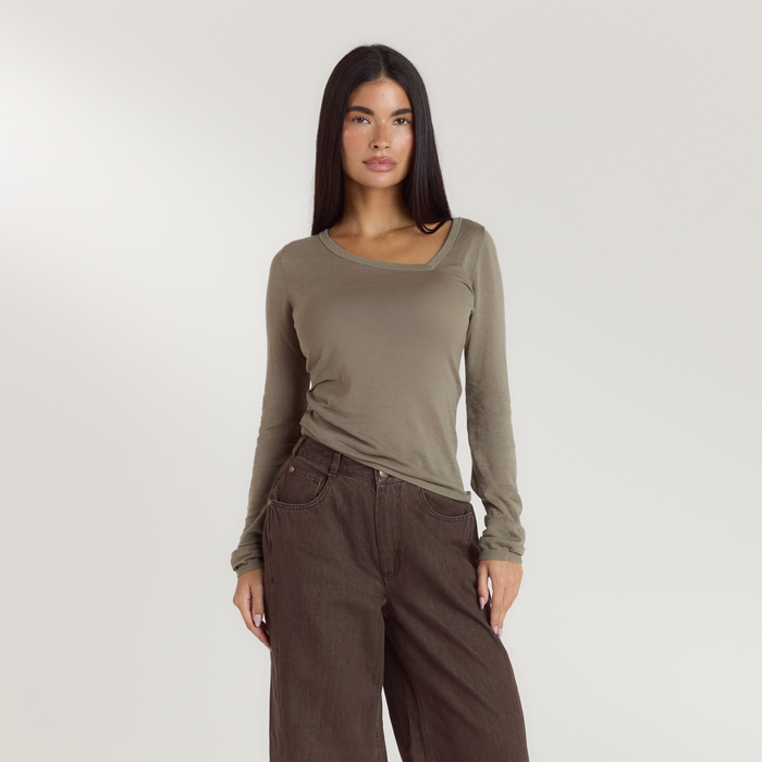Asymmetric Fine Knit Top - Thyme