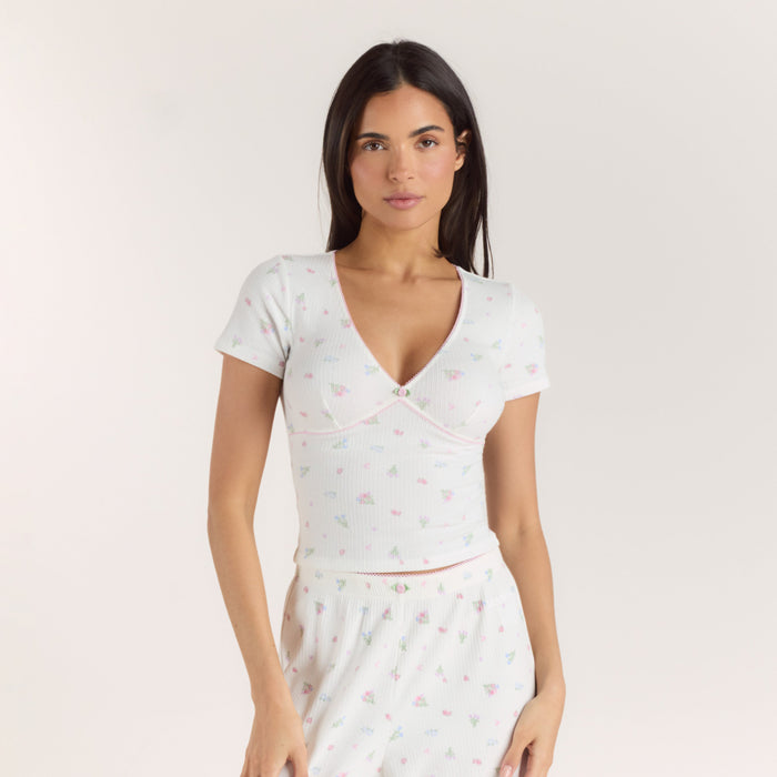 Ribbed Short-Sleeve Pajama Top - White Floral