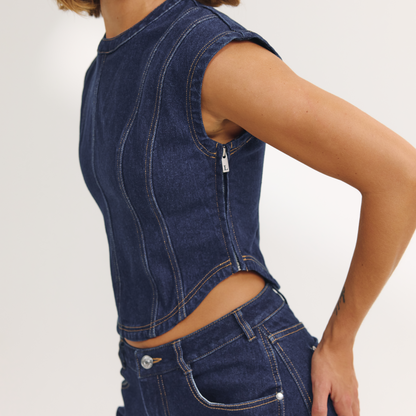 Fitted Denim Top - Indigo Blue