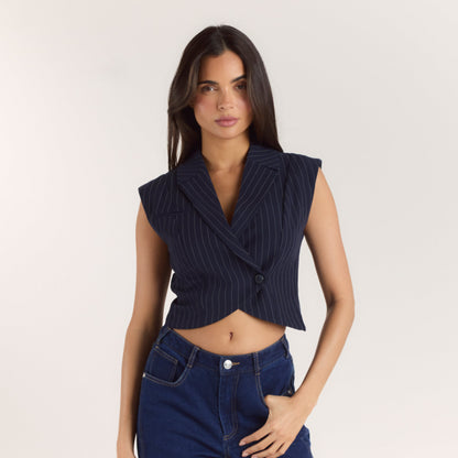 Crossover Waistcoat - Navy Pinstripe