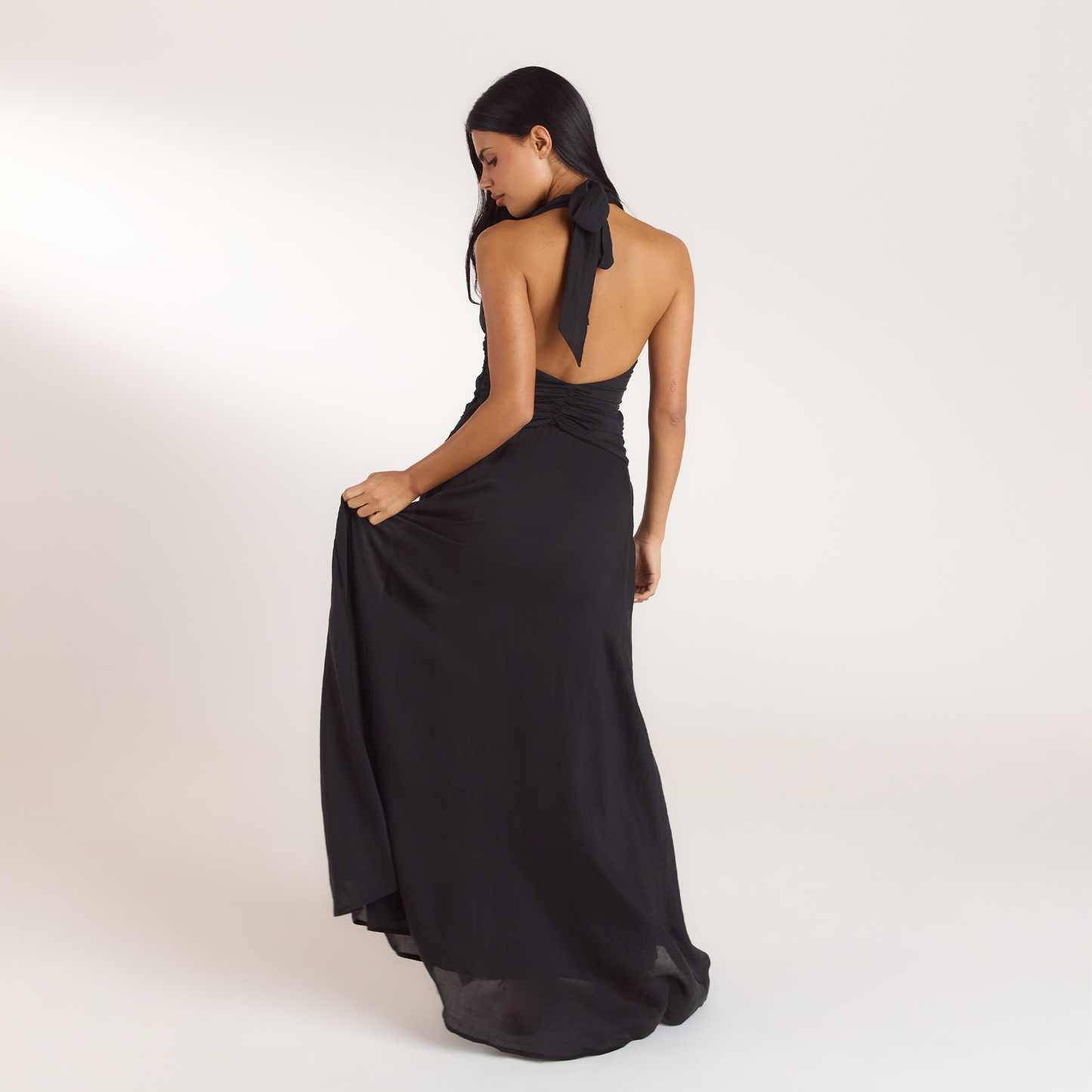Ruched Tencel Maxi Dress - Black