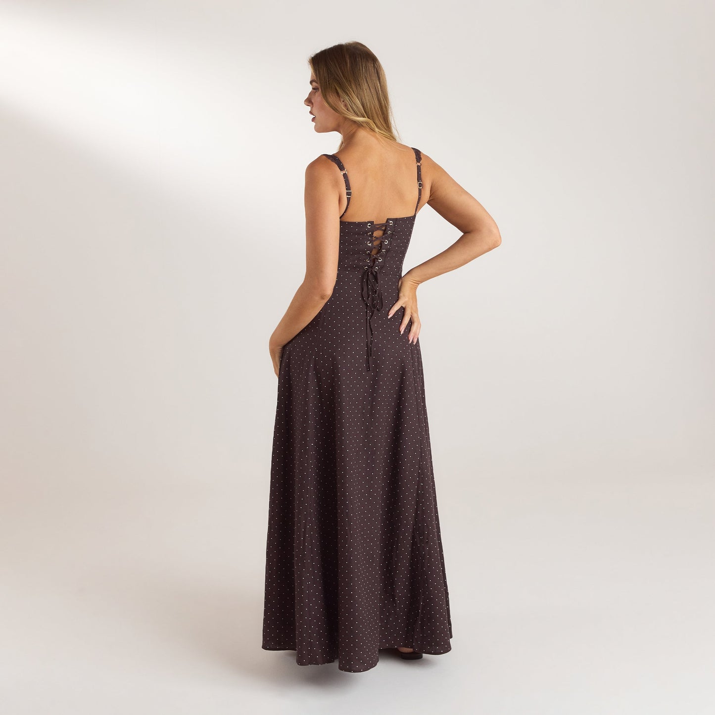 Lace Trim Maxi Dress - Chocolate Polka Dot