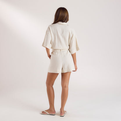 Belted Linen Playsuit - Cream