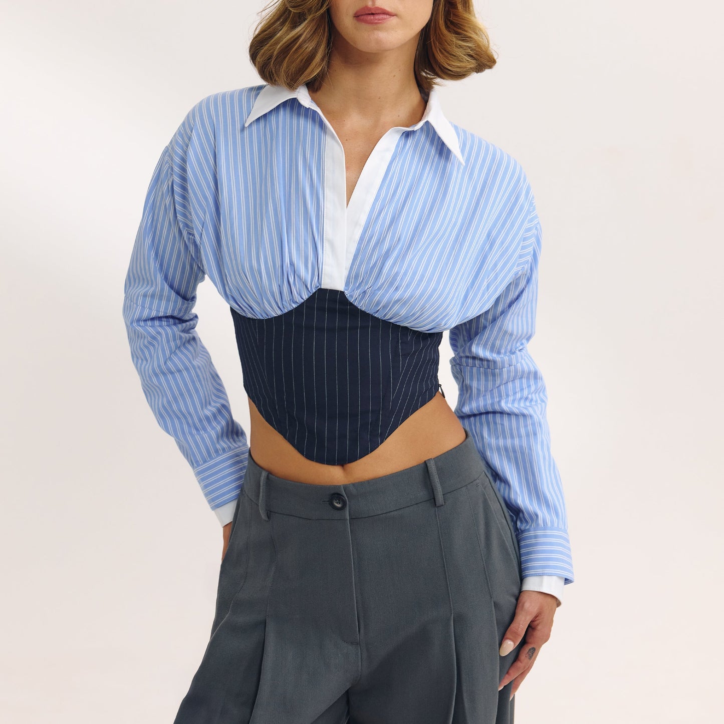 Long-Sleeved Corset Shirt - Blue