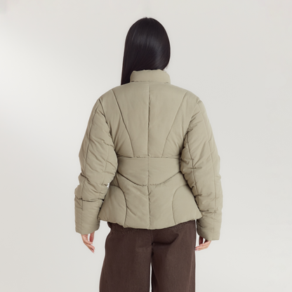 Cinched Puffer Coat - Thyme