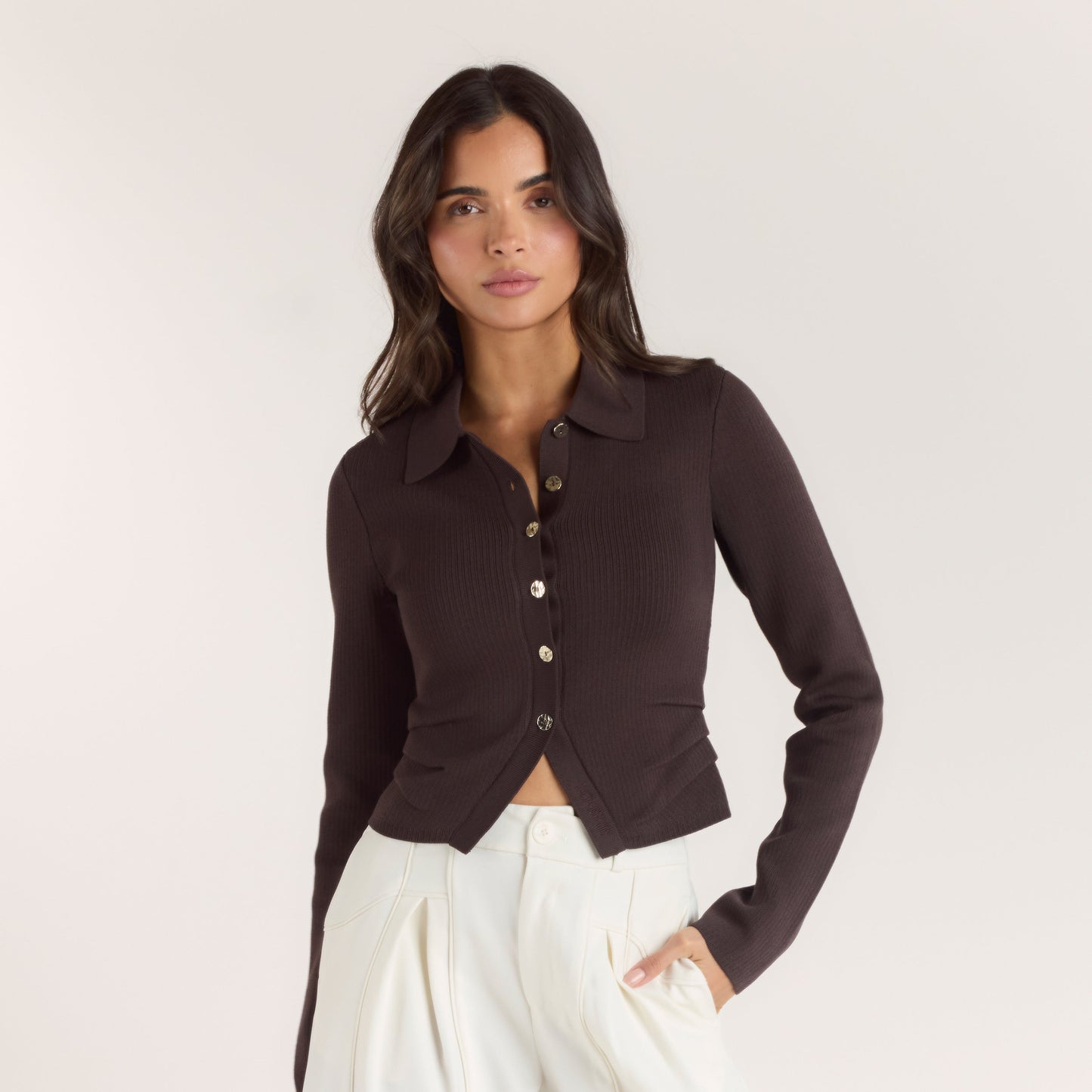 Ribbed Knitted Cardigan - Chocolate