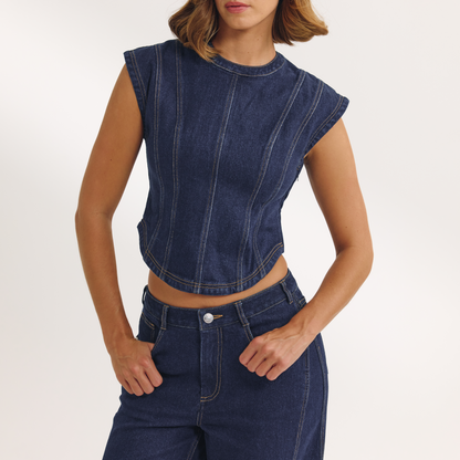 Fitted Denim Top - Indigo Blue
