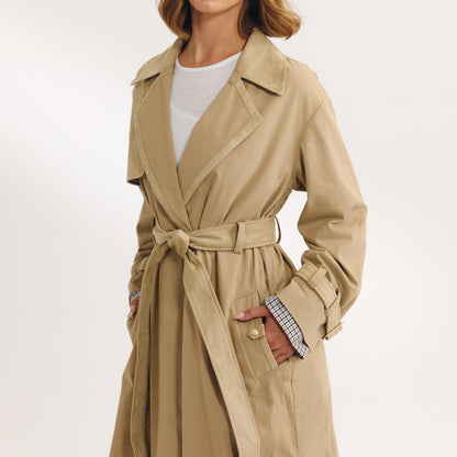 Suedette Trim Trench Coat - Sand