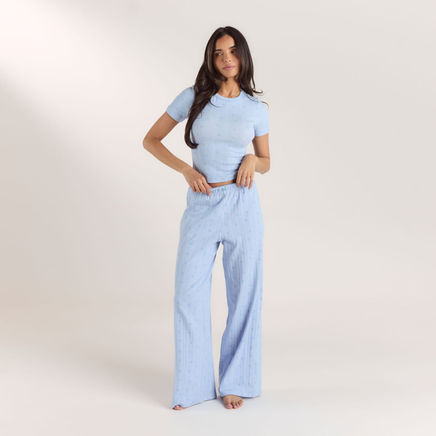 Pointelle Fitted Pajama Top - Blue Floral