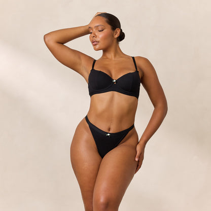 Rosebud Ribbed Balcony Bra - Black