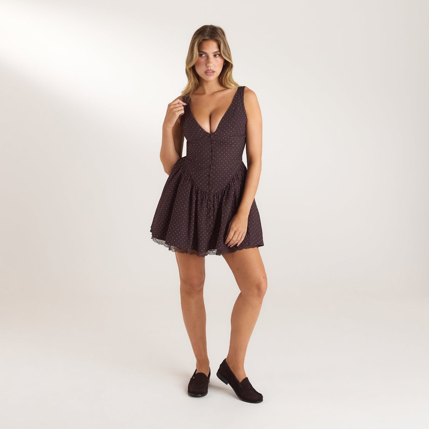 Lace Trim Plunge Mini Dress - Chocolate Polka Dot