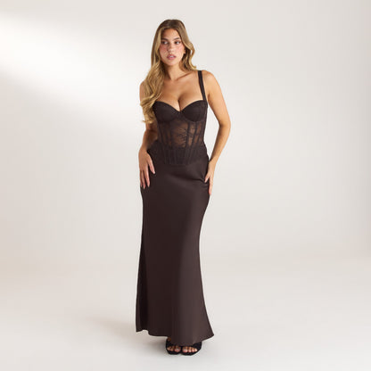 Satin Fitted Maxi Skirt - Chocolate
