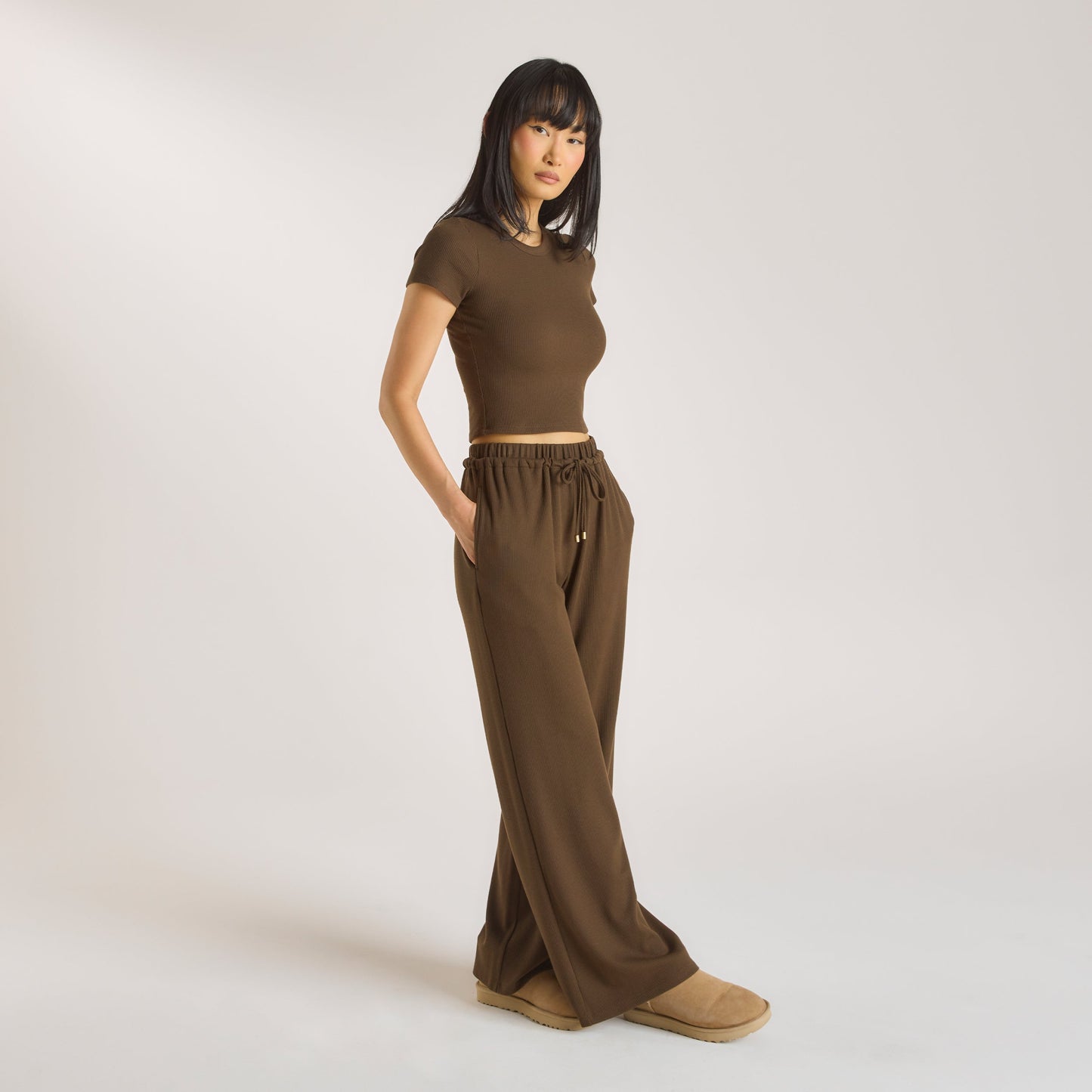 Waffle Wide Leg Pants - Chocolate