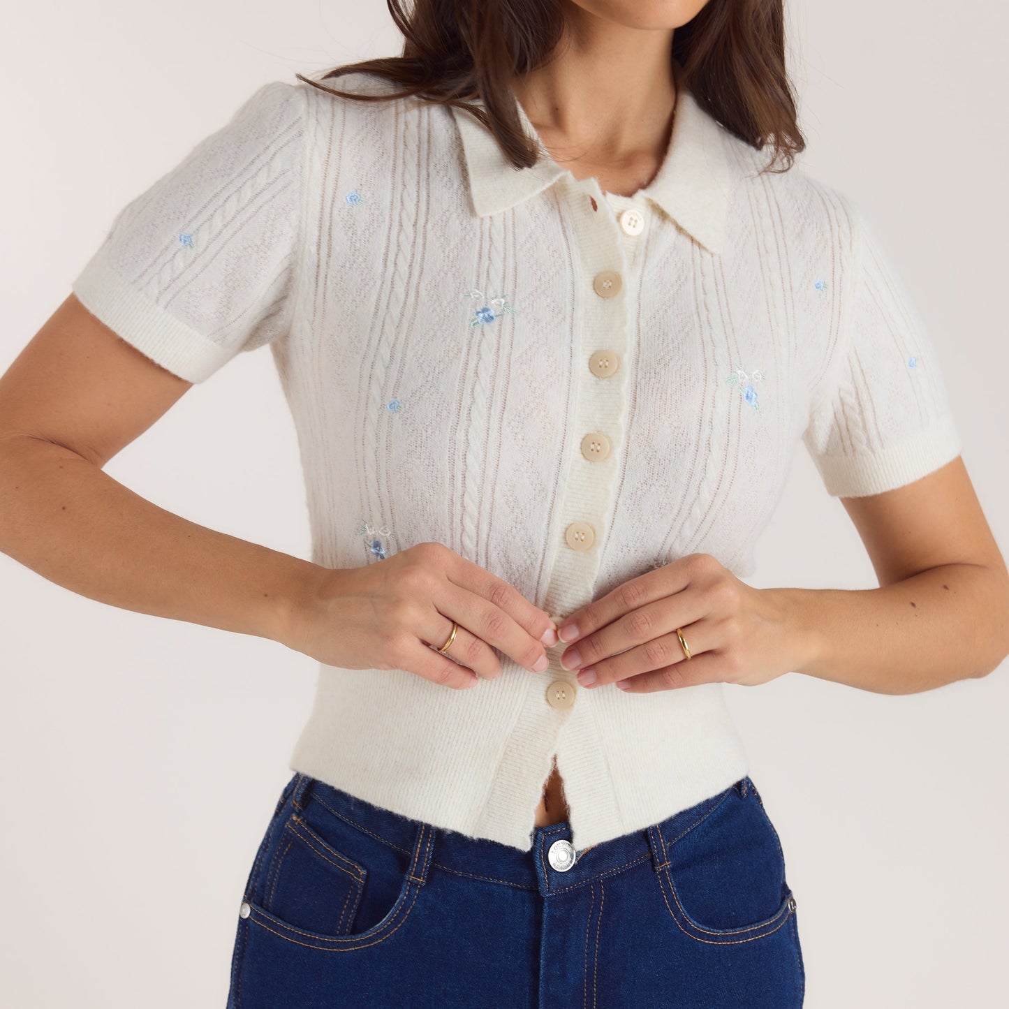 Embroidered Knitted Top - Cream