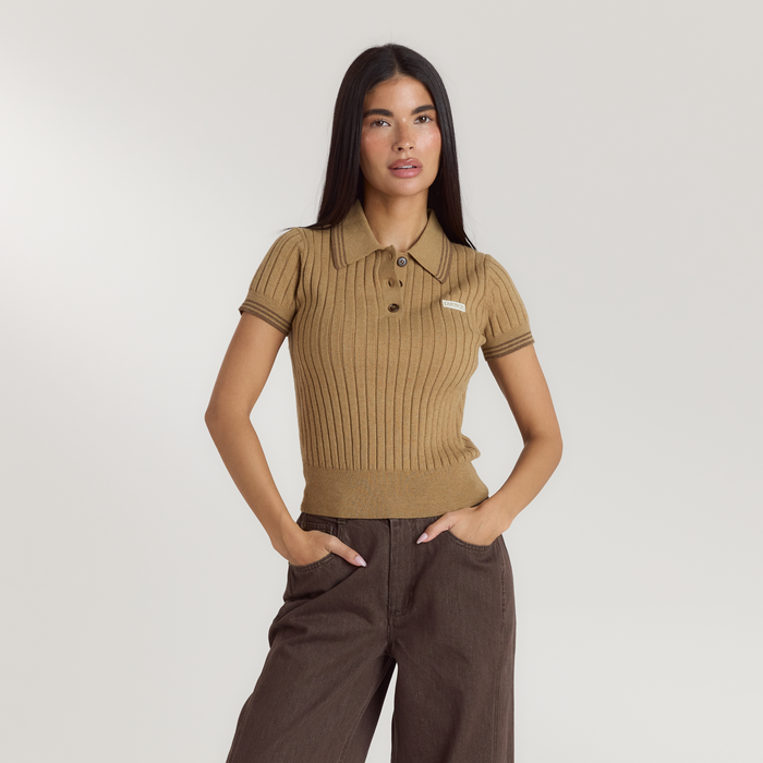Knitted Polo Top - Tan