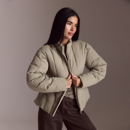 Cinched Puffer Coat - Thyme
