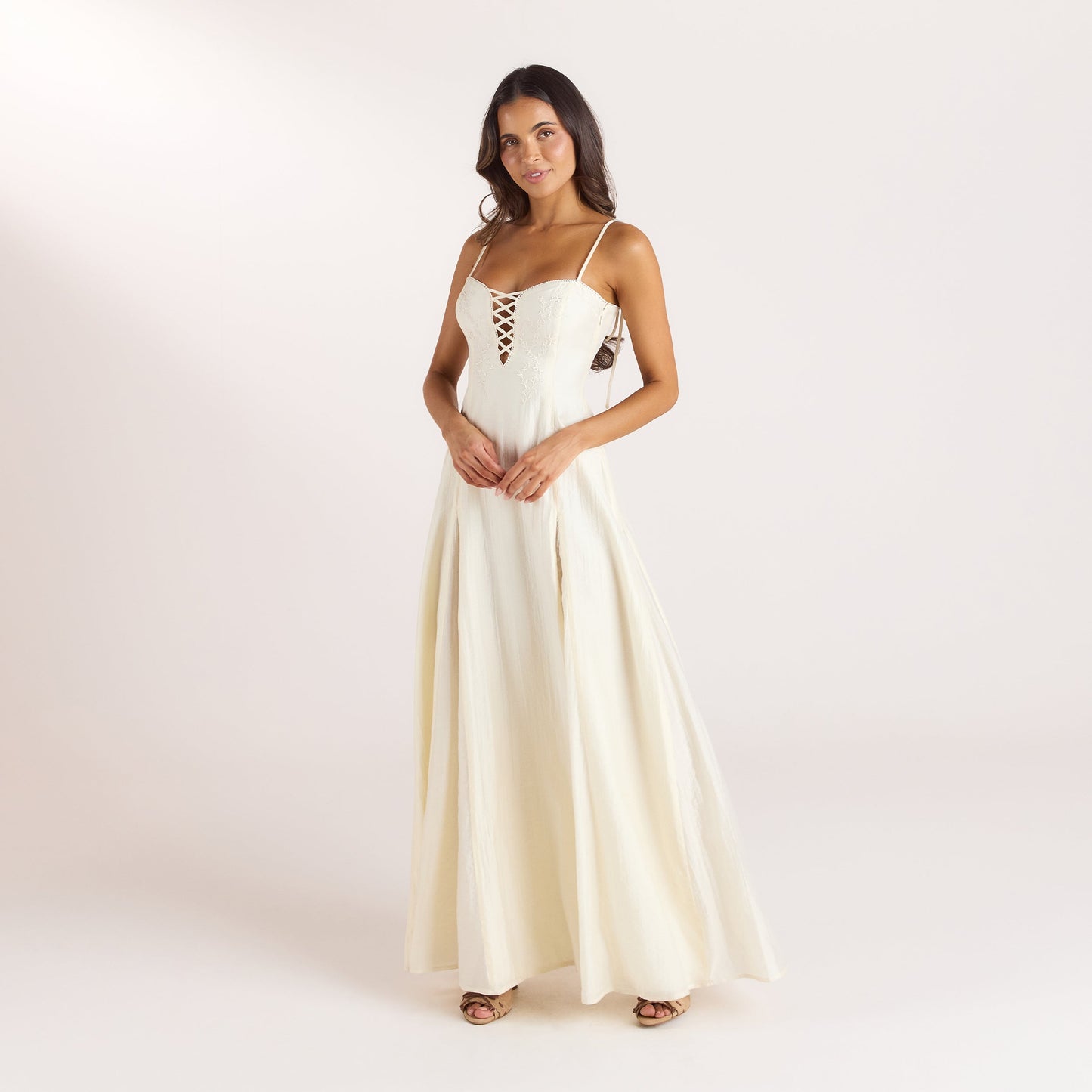 Embroidered Lace-Up Maxi Dress - Buttercream