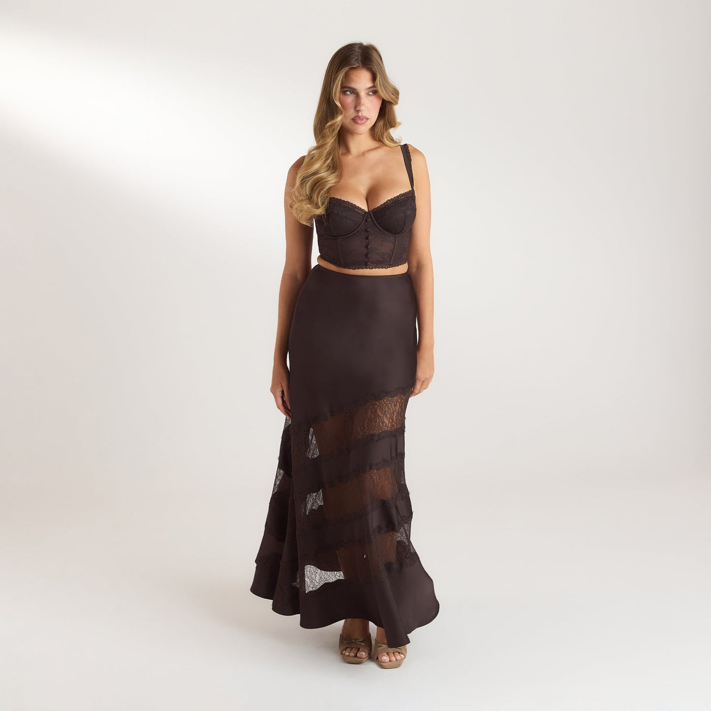 Lace Trim Maxi Skirt - Chocolate