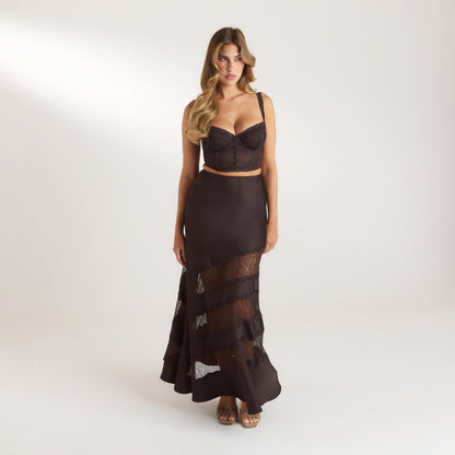 Lace Trim Maxi Skirt - Chocolate