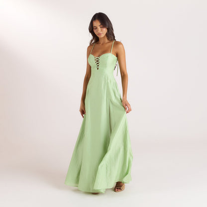 Embroidered Lace-Up Maxi Dress - Green
