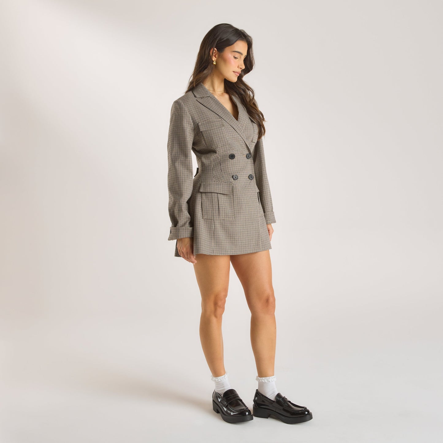 Houndstooth Blazer Dress - Brown