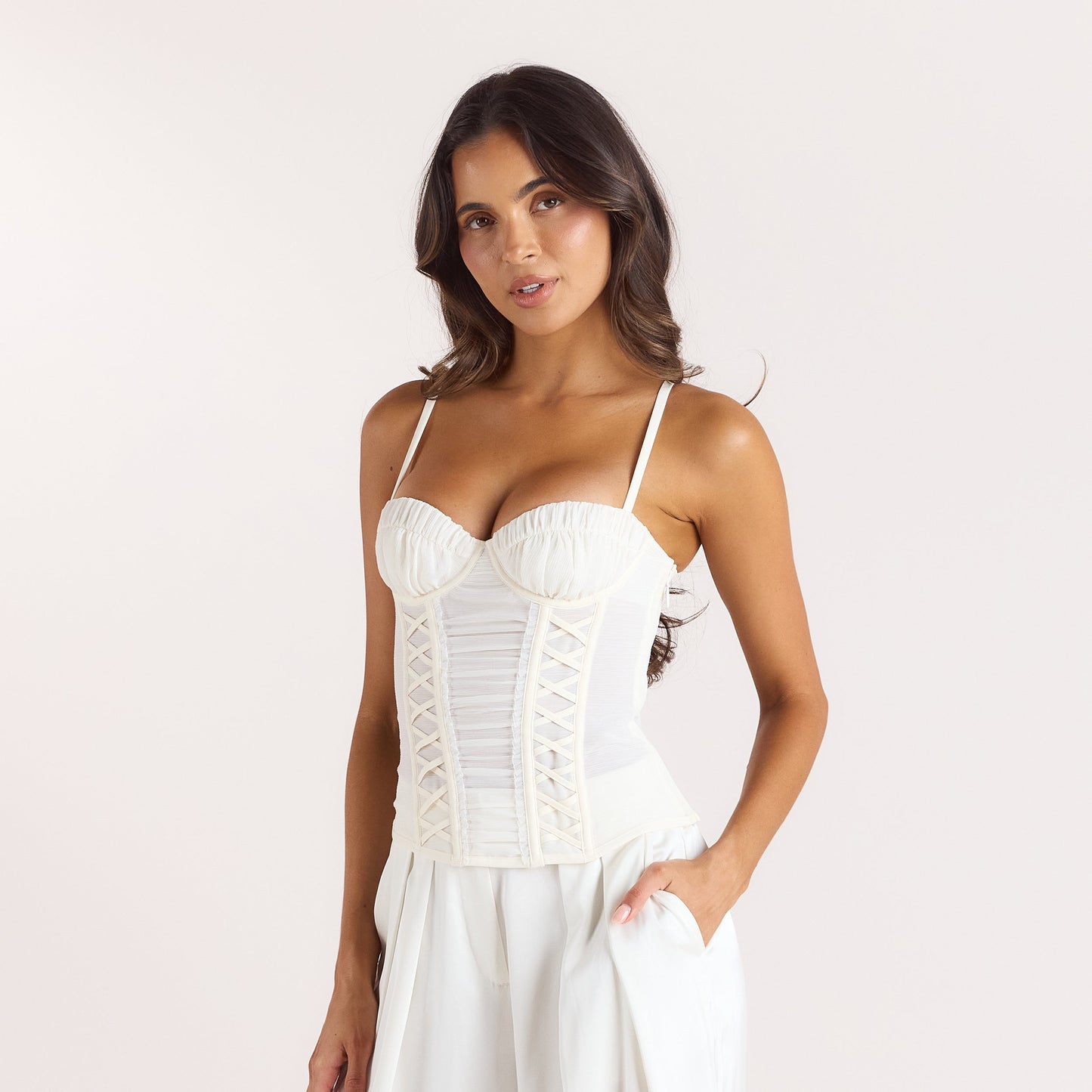 Ruched Sheer Corset Top - Cream