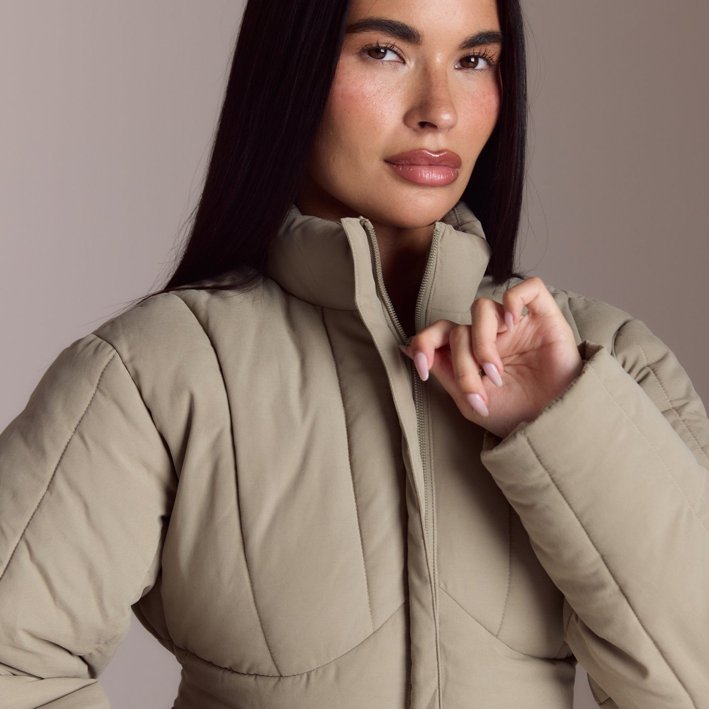 Cinched Puffer Coat - Thyme