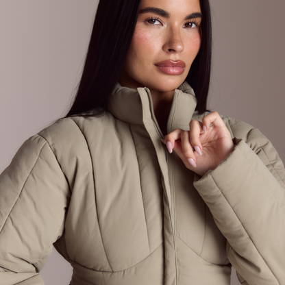 Cinched Puffer Coat - Thyme