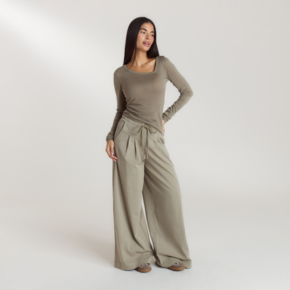 Pleated Wide Leg Trousers - Thyme